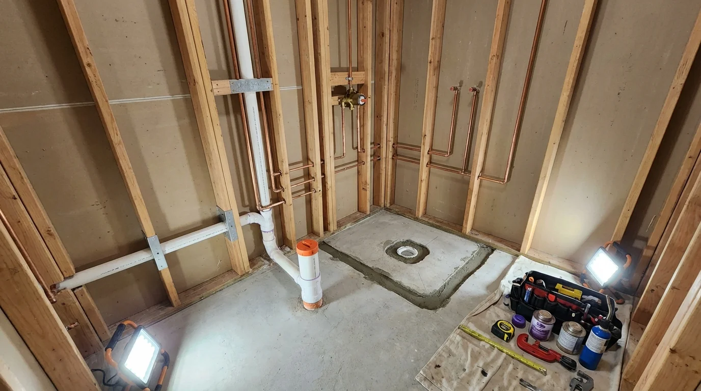 Bathroom rough-in plumbing during remodel by Johns Plumbing LLC in Shady Spring
