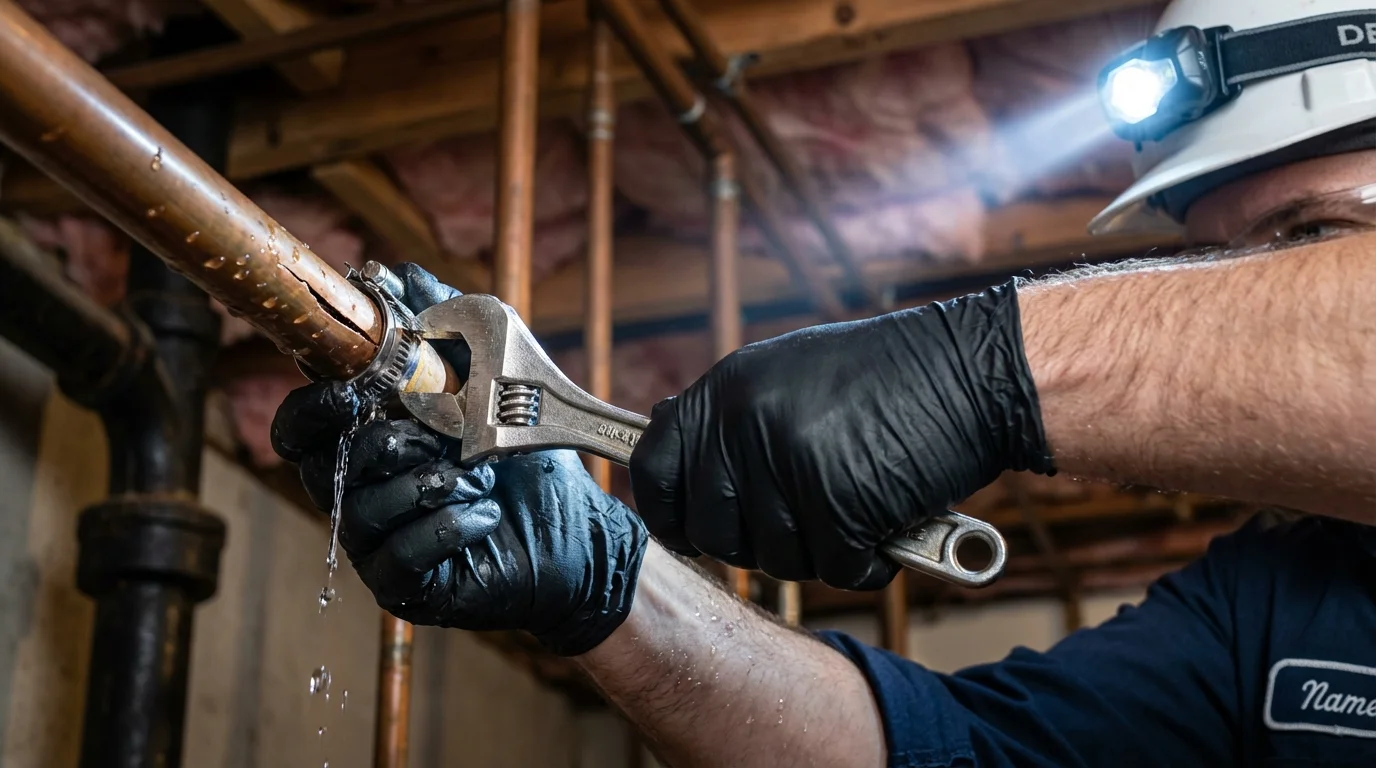 Emergency pipe clamp repair being performed by a Johns Plumbing LLC plumber in Shady Spring