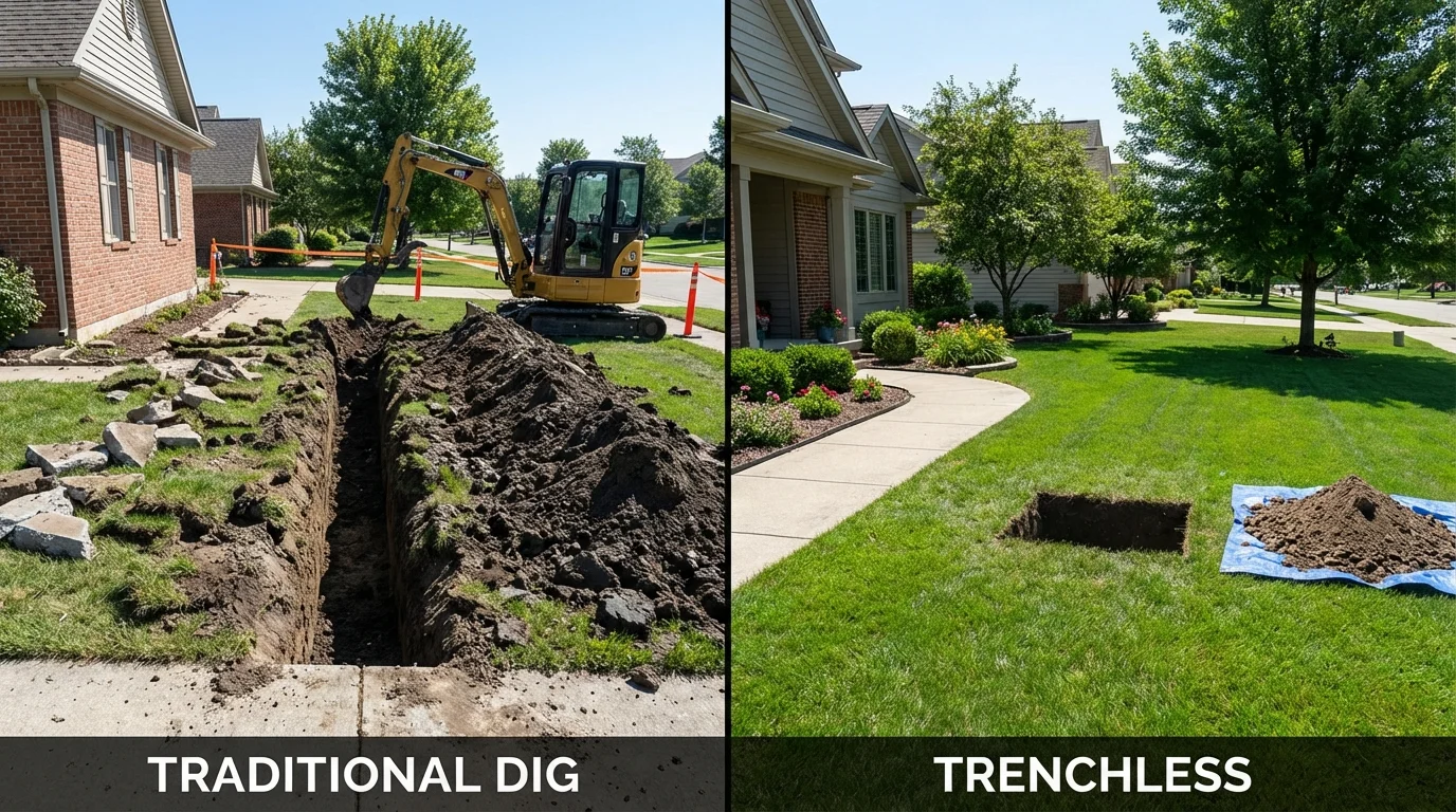 Trenchless sewer repair with minimal yard damage versus traditional excavation in Shady Spring, WV