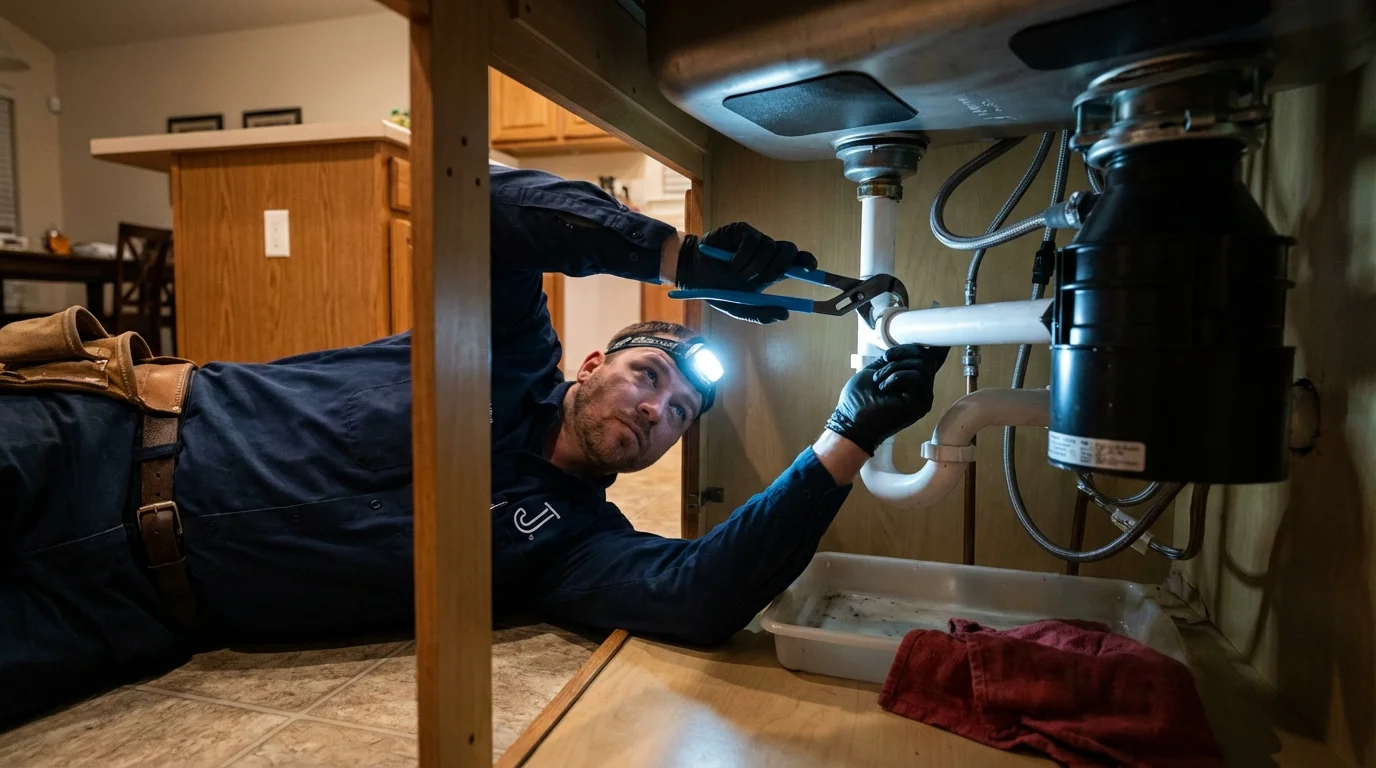 P-trap and supply line connections under a kitchen sink showing a common leak point in Shady Spring, WV